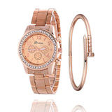 Nouveau Mode Femmes Robe Strass Quartz Montre En Or Rose Montre Femelle En Acier Inoxydable Alliage Montres-Bracelets