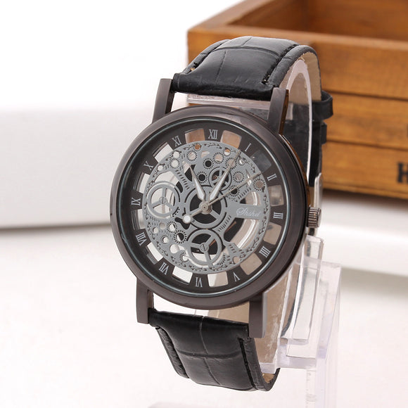 Montre Pour Hommes Bande De Cuir Évider Analogique Alliage Quartz