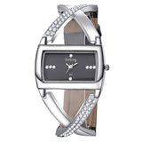 Montre De Luxe Rectangulaire Cadran Cristal Quartz  En Cuir Sangles