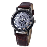 Fuseau horaire  Mode Homme Squelette Montre Hommes Gravure Robe Creuse Robe À Quartz Bracelet En Cuir  Horloge