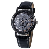 Fuseau horaire  Mode Homme Squelette Montre Hommes Gravure Robe Creuse Robe À Quartz Bracelet En Cuir  Horloge